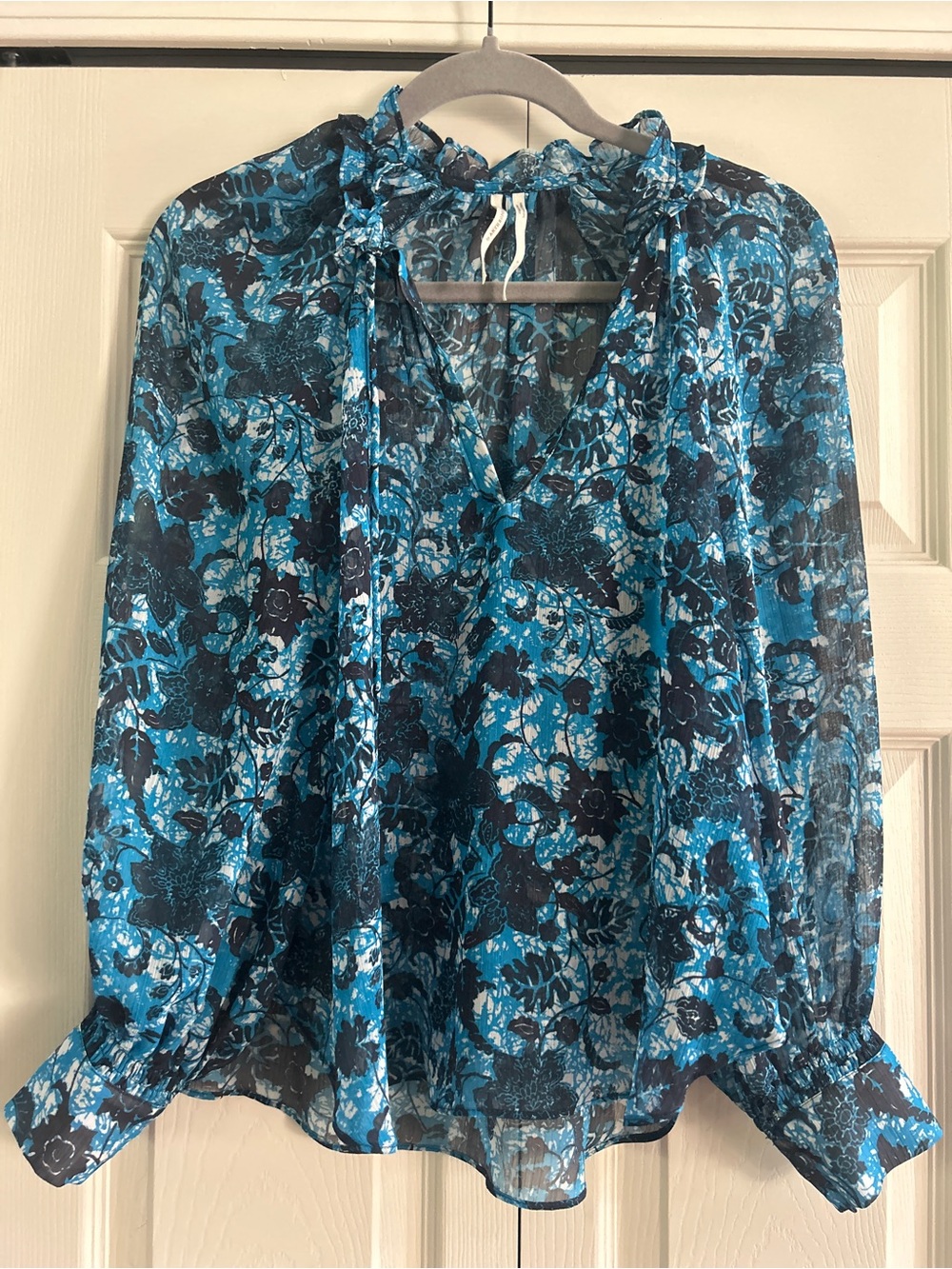 Anthropologie Blouse Women's Size S Blue Black Floral Sheer Long Sleeve